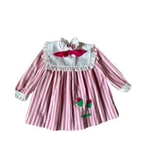 Bonnie Jean Pink and White Striped Girls Dress with Green Appliqué